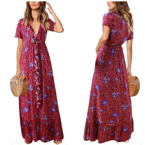 4 for $40 SALE! Nisha Outi Persea Deep V Neck Maxi Dress, Red Floral, Size M - Picture 1 of 15